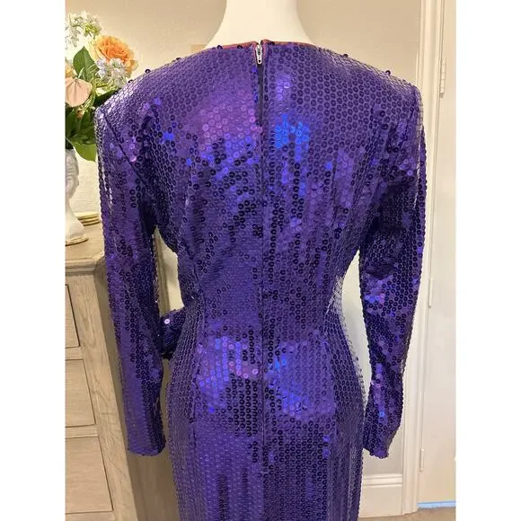 Tadashi | Vintage Purple Sequined Dress with Rhinestone Adorn Flower | 6 - Picture 12 of 15